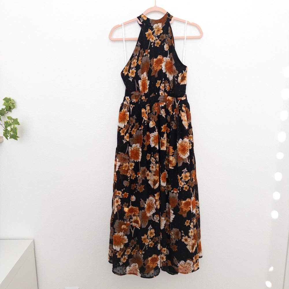 High-Neck Black Floral Maxi Dress